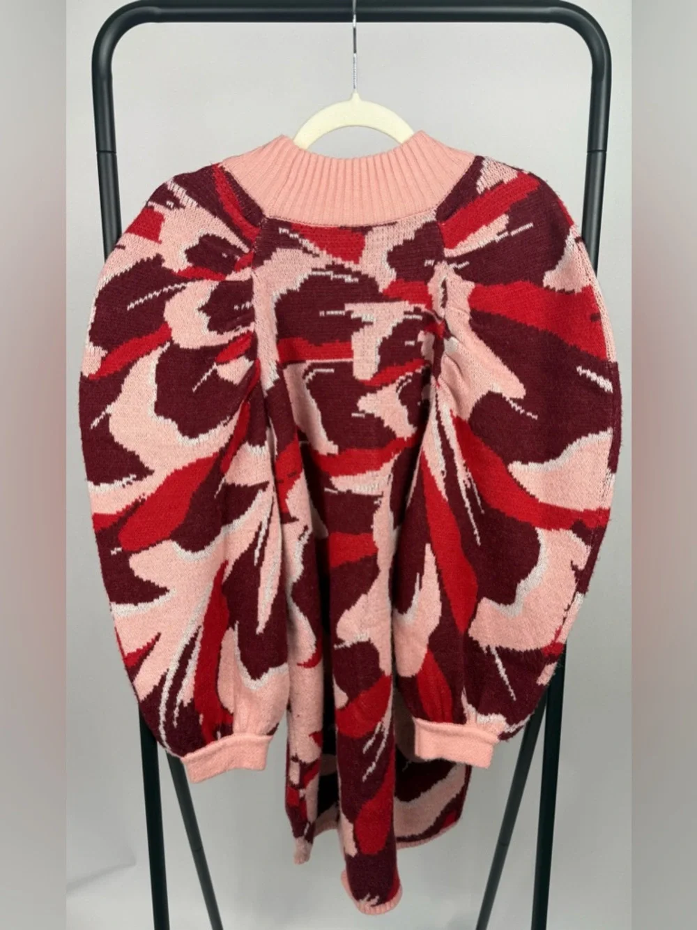 Farm Rio x Nuuly Flower Knit Mini Dress Red Pink Puff Sleeve L EUC $230 - Picture 6 of 8
